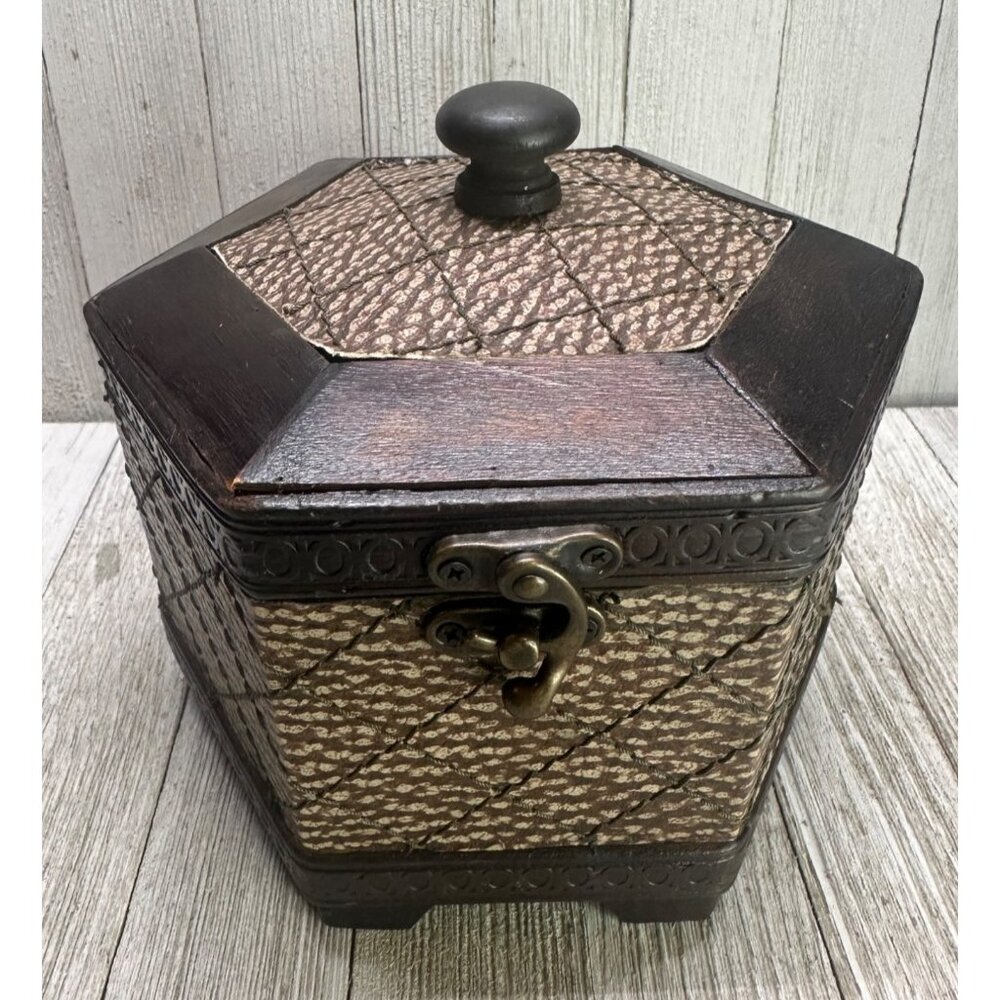 Vtg Wooden Storage Box Jewelry Keepsakes Hexagonal Shape Hinged Lid 6" DIA Tall
